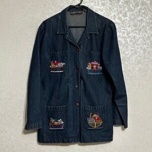 Way To Go VTG Denim Jacket Noah's Ark Embroidered Animal Chore Coat Dark Wash L